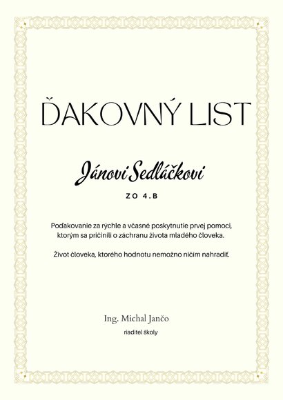Žiak 4.B. poskytol prvú pomoc 9. ročnému chlapcovi 