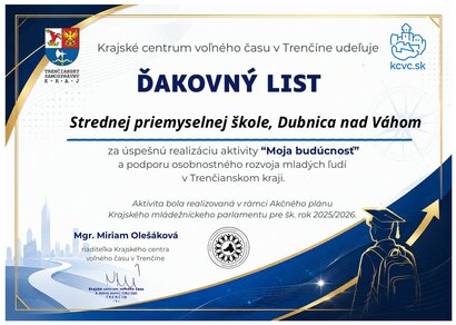 Ďakovný list za úspešnú realizáciu aktivity “Moja budúcnosť”