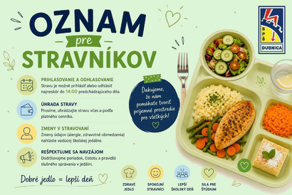 Oznam pre stravníkov na školský rok 2026/2027