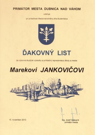 Ďakovný list - Marekovi Jankovičovi
