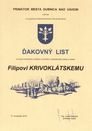 Ďakovný list - Filipovi Krivoklatskému