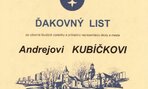Ďakovný list - Andrejovi Kubíčkovi