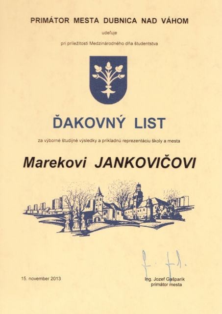 Primátor mesta ocenil študentov